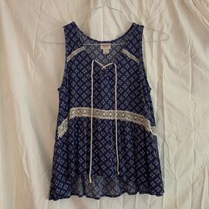 Blue and Red Patterned Drape Top